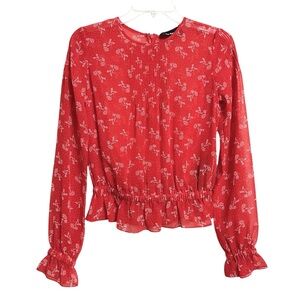 The Kooples Womens Bloom Boho Sheer Floral Top S 4 Red Ruffle Balloon Sleeve